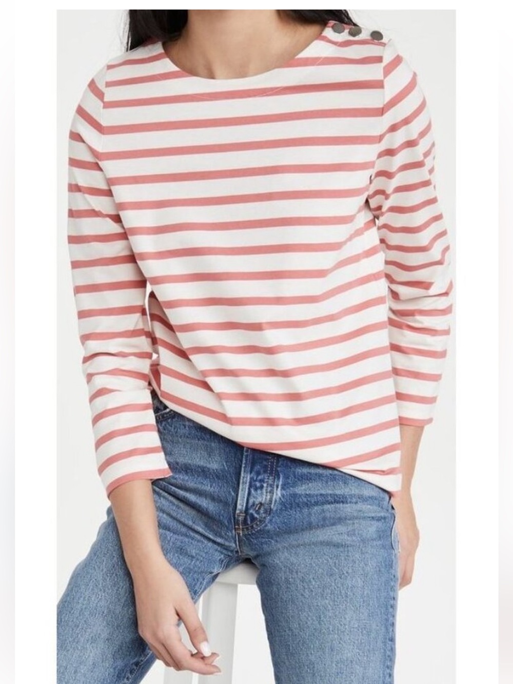 APC Ally Pink White Striped Cotton Jersey Boat Neck Mariniere Sailor Top, Size S